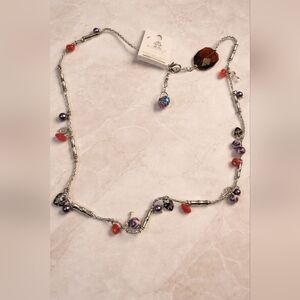 Boho Silver Charm Necklace w/ Glass Beads & Heart Charms | 32” Long